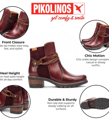 Pikolinos Women's Arcilla Red Leather Zipped Heel Ankle Boots - San Sebastia