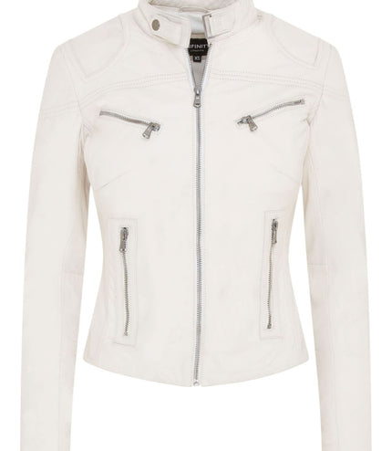 Womens Slim-Fit Leather Biker Jacket-Maldon - White