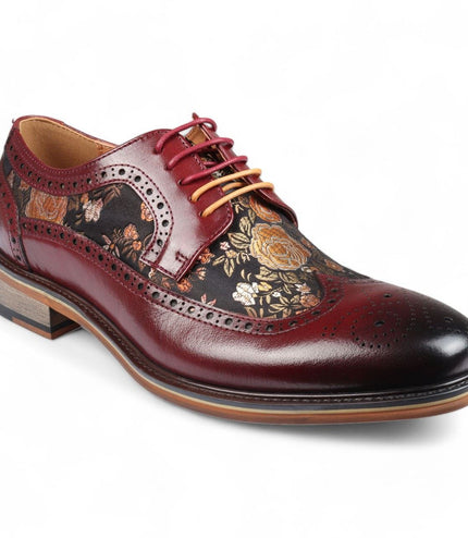 Justin Reess Men's Wine Leather Floral Print Brogue Dress Shoes - Ross