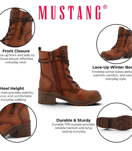 Mustang Women's Cognac Brown Lace-Up Heeled Winter Combat Boots - M0092003
