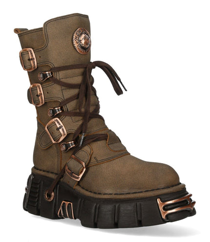 New Rock Brown Leather Gothic Mid-Calf Biker Boots - M-373XL-C120