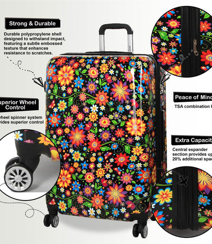 Ballina Set of 3 Hard Shell Suitcase in Black Flower