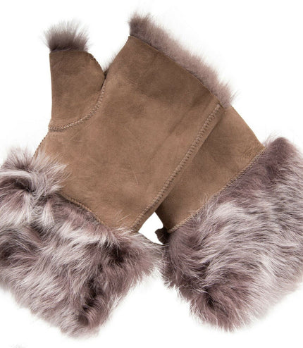 Womens Shearling  Mittens Fingerless Cuffs Toscana Suede Sheepskin Fur - Taupe