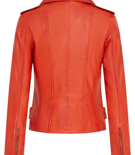 Womens Leather Brando Biker Jacket-Orlando - Orange