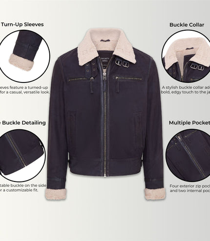 Mens Real Sheep Suede Bomber Jacket Aviator Jacket with Fur Lining - Blue