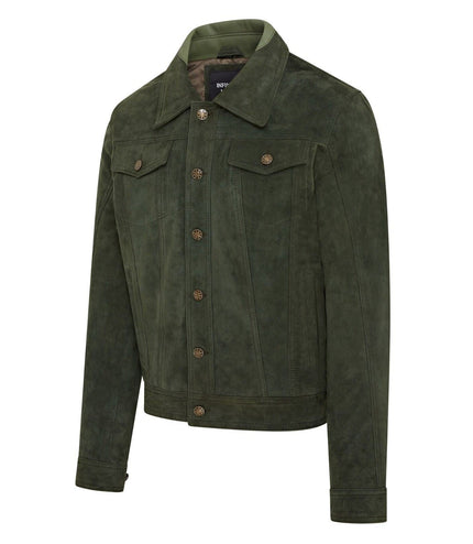 Mens Trucker Goat Suede Western Leather Jeans Jacket - Yangon - Green