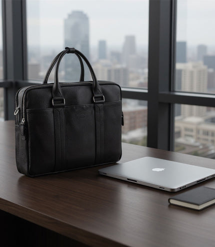 Genuine Leather Black Laptop Business Briefcase Office Work Travel Bag - Sutton