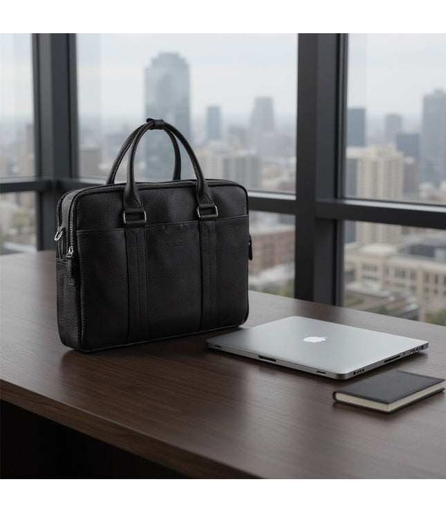 Genuine Leather Black Laptop Business Briefcase Office Work Travel Bag - Sutton