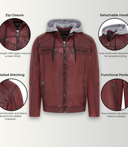 Men's Hooded Biker Lamb Leather Jacket - Burten - Ox Red