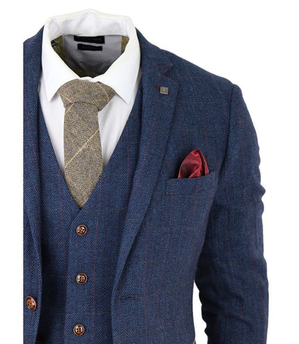Mens Blue Tweed Check 3-Piece Suit