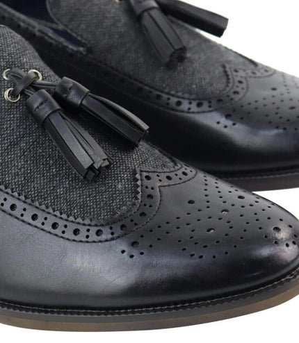 Mens Tasselled Black Leather Tweed Brogue Slip On Loafers