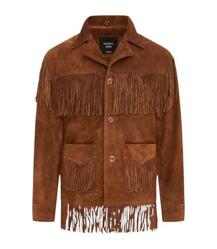 Men's Retro Tan Cowboy Suede Leather Fringe Jacket - Western