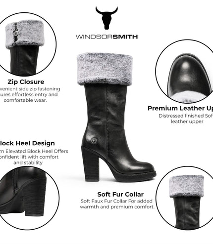 Windsorsmith Womens Mid Calf Black Leather High Heel Fur Boots - Lovestruck