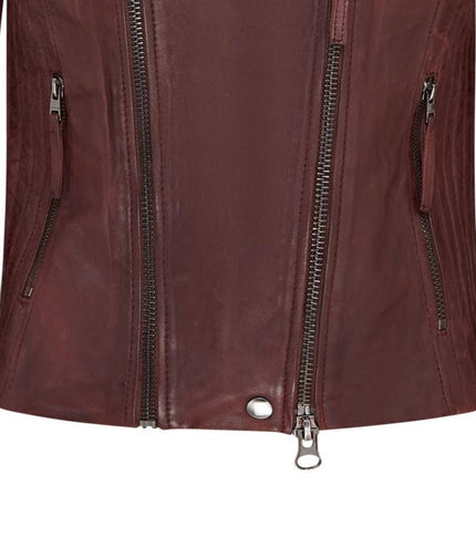 Womens Burgundy Biker Leather Jacket - Delhi