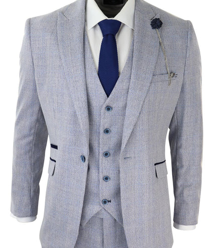 Mens 3 Piece Tweed Suit Light Blue Check Peaky Blinders 1920 Gatsby Wedding Suit