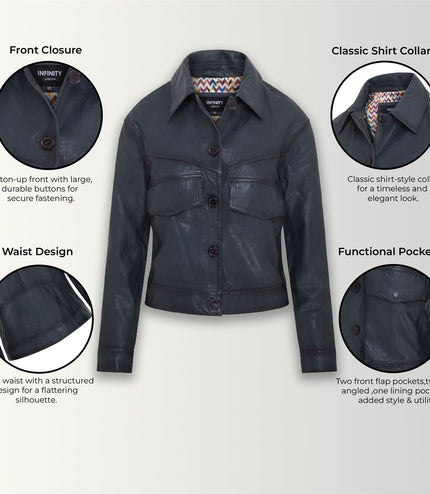 Womens Vintage Classic Lamb Leather Collared Biker Jacket - Navy
