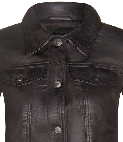 Womens Leather Trucker Jeans Jacket-Anderlecht - Black