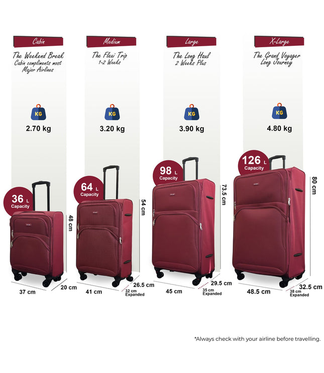 Gosford Set of 4 Soft Shell Suitcase in Burgundy Red