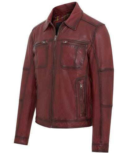 Men's Vintage Classic Short Soft Leather Biker Jacket - Ox Red
