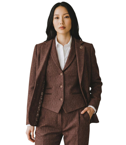 Women's Rust Brown Herringbone Wool Tweed Blazer Waistcoat 2 Piece Set - WS-1