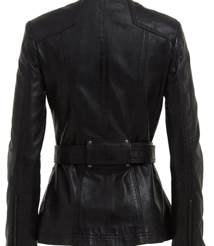 Womens Military Style Leather Biker Jacket-Phoenix - Black