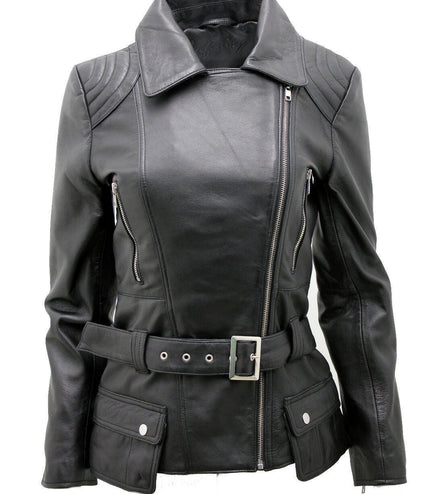 Womens Long Leather Biker Jacket-Quito - Black