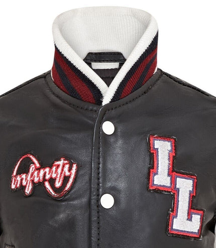 Kids Black Letterman Leather Varsity College Bomber Jacket