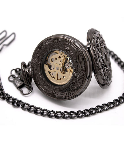 Vintage Black Alloy Mechanical Skeleton Brass Pocket Watch