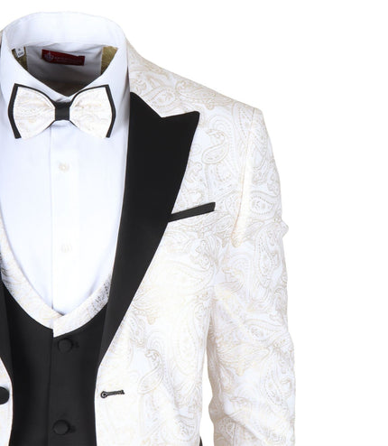 Men's 4 Piece White Paisley Wedding Suit Tailor Fit