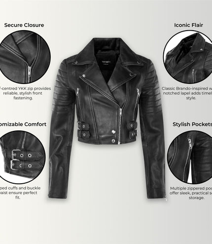 Womens Cropped Brando Leather Biker Jacket-Damascus - Black