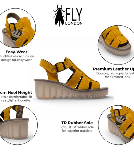 Fly London Women's BAIC621FLY Yellow Suede Leather Wedge Sandals