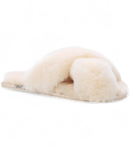 Women's Sheepskin Slippers Beige Warm Winter Fur Crossover - Snowbelle