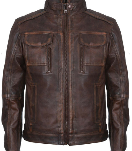 Men's Vintage Leather Biker Jacket-Cape Town - Brown
