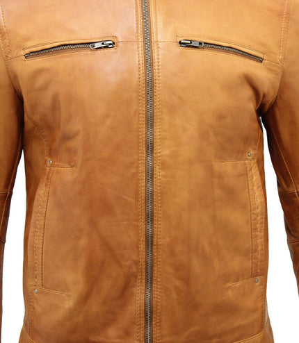 Mens Classic Leather Biker Jacket-Caracas - Tan