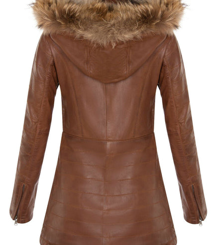 Womens Slim Fit Leather Hooded Parka Jacket-Northam - Tan