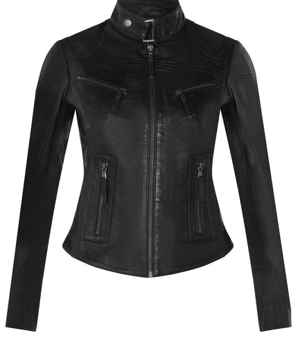 Womens Slim-Fit Leather Biker Jacket-Maldon - Black