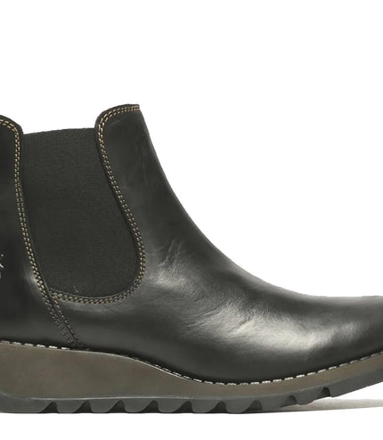 Fly London Womens Black Salv Chelsea Leather Ankle Casual Wedge Heel Boots