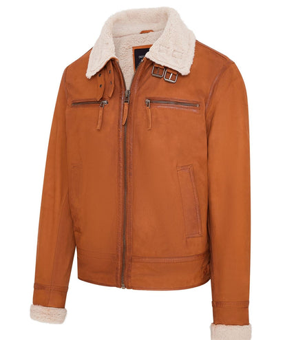 Mens Real Sheep Suede Bomber Jacket Aviator Jacket with Fur Lining - Tan