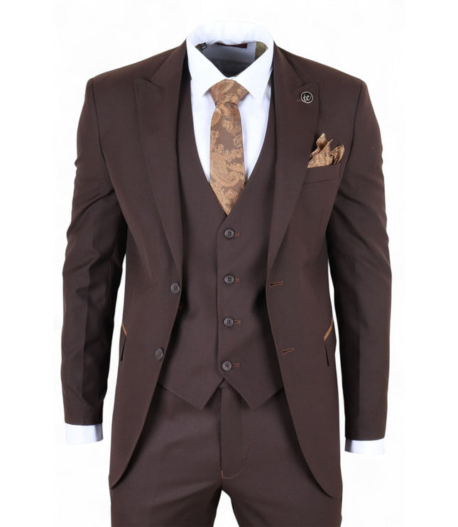 Men's 3 Piece Plain Dark Brown Work Formal Suit