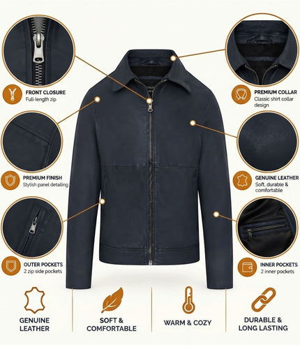 Mens Leather Blue Harrington Collar Biker Jacket - Alpha