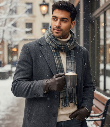 Men's Brown Italian Leather Warm Wool Lining Winter Gloves - M-LGV-305