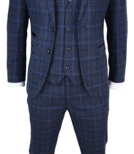 Mens 3 Piece Navy Blue Tweed Check Vintage Suit