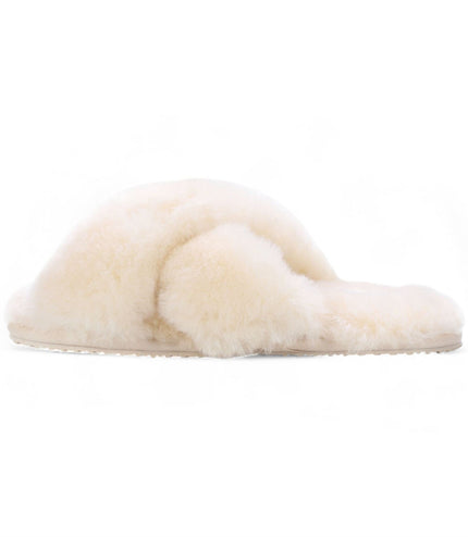 Women's Sheepskin Slippers Beige Warm Winter Fur Crossover - Snowbelle