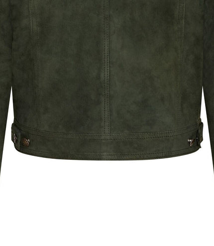 Mens Trucker Goat Suede Western Leather Jeans Jacket - Yangon - Green
