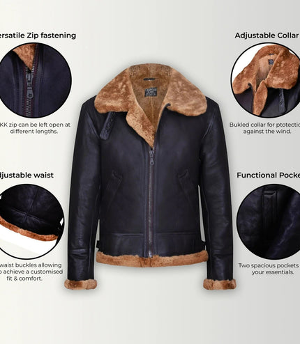 Mens B3 Aviator Real Sheepskin Leather Flying Jacket-Hobart - Brown Ginger