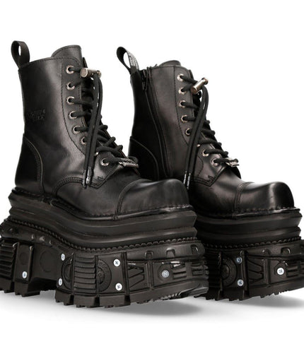 New Rock Metallic Black Leather Military Boots - M-MILI083CCT