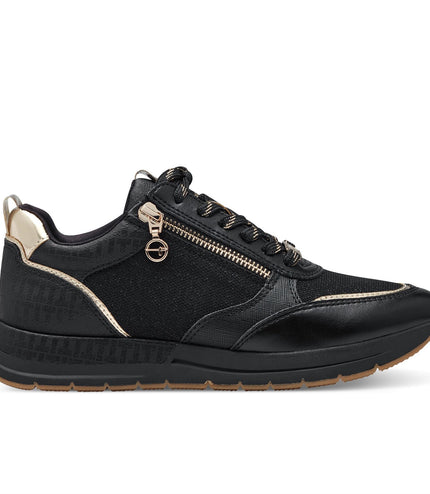Tamaris Womens Black Gold Fashion Lace-Up Zipped Sneakers Trainers