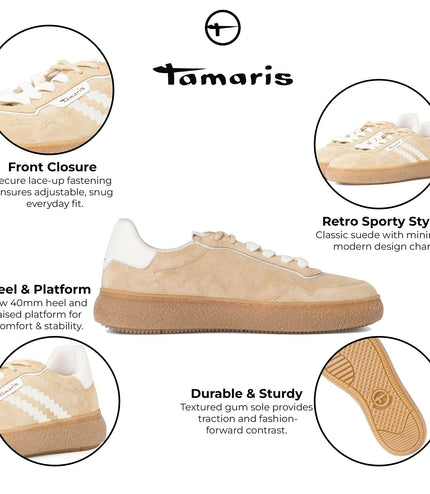 Tamaris Womens Beige White Leather Fashion Stripe Lace Up Sneakers