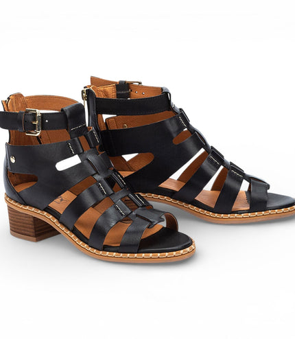 Pikolinos Women's Black Leather Block-Heel Gladiator Sandals - Blanes