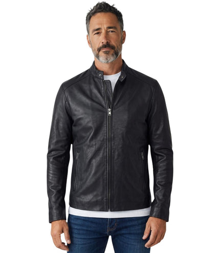 Mens Leather Black Stand Collar Cafe Racer Biker Jacket - E184